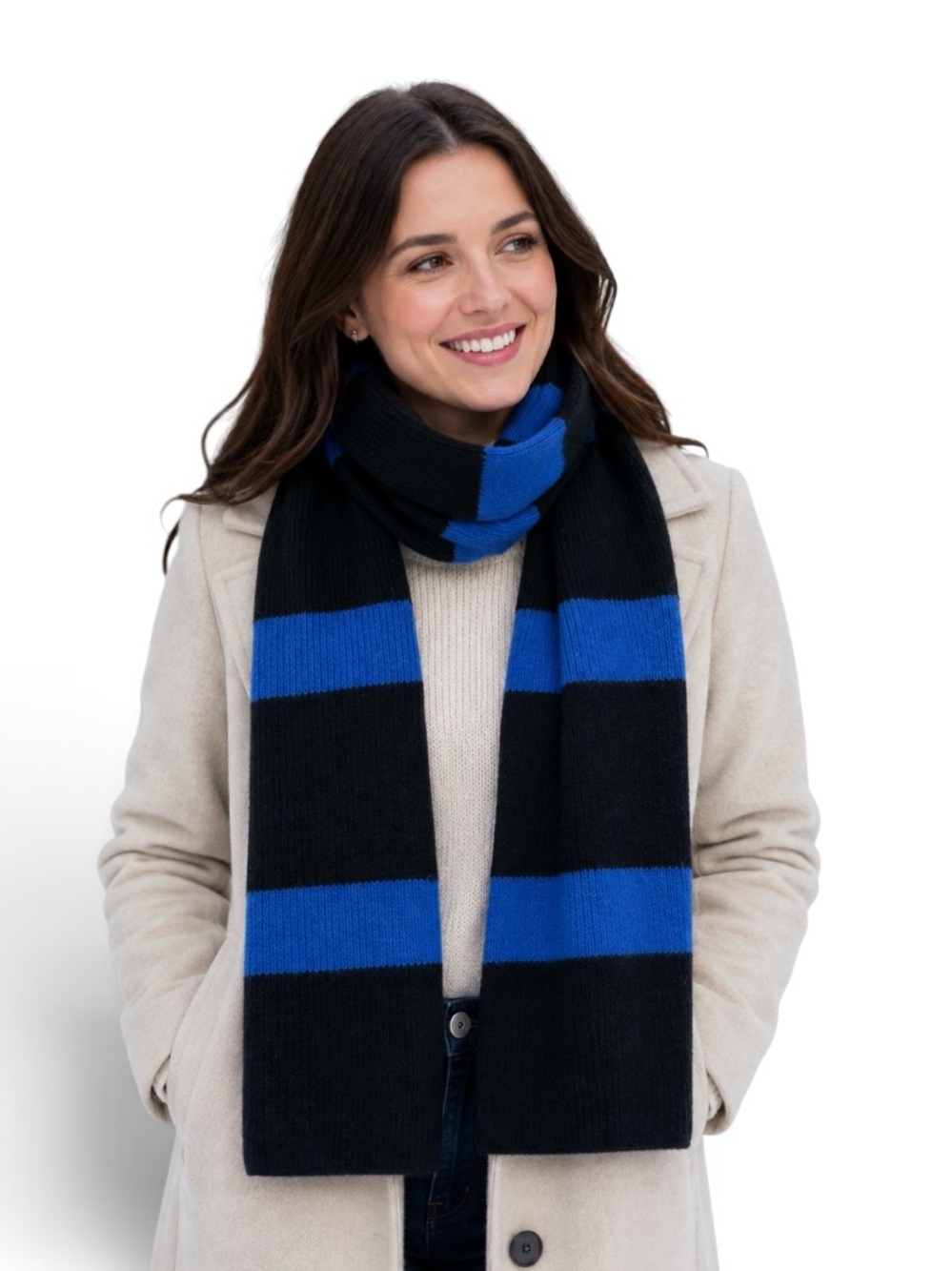 Portolano Women’s Black Sky Blue Striped Lambswool Angora Scarf NWOT